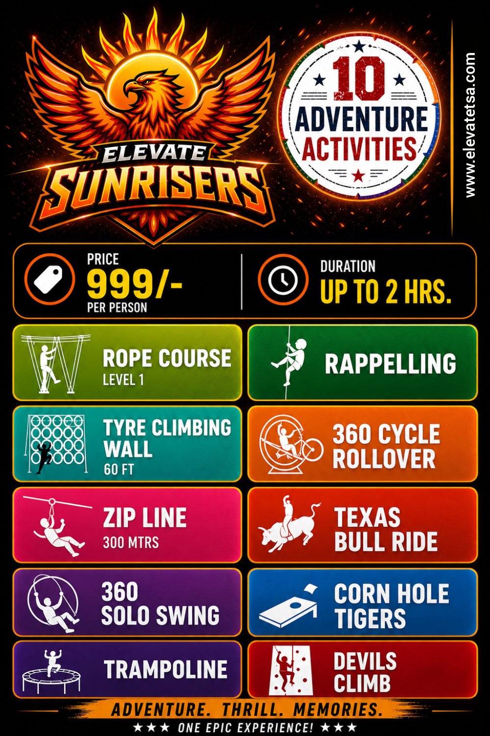 Elevate Sunrisers ticket - 10 Adventure Activities, ₹999 per person, Up to 2 hrs