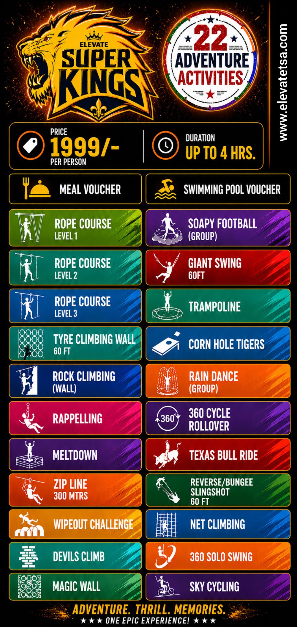 Elevate Super Kings ticket - 22 Adventure Activities + Meal + Pool, ₹1,999 per person, Up to 4 hrs